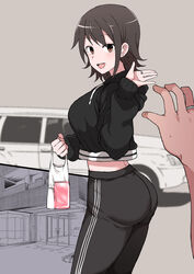 1boy 1girls absurdres ass bag black_hair blurry_background blush breasts brown_eyes cheating condom_box cuckold dark-skinned_male dark_skin doujinshi female gym_clothes high_resolution highres looking_at_viewer looking_back male mole mole_under_eye netorare ntr original ring terasu_mc textless uniform