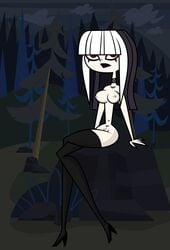 1girls accurate_art_style breasts crimson_(tdi) female goth high_heels lips lipstick long_hair makeup navel night nipple_piercing nipples outside piercing public public_nudity sitting solo sugary_marshmallow the_ridonculous_race total_drama_island tree white_hair white_skin