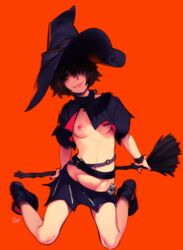 belt black_nails boots breast_slip breasts broom brown_hair crotch_cutout feguimel female groin hair_over_one_eye hat mugi_(feguimel) nail_polish navel nipples one_breast_out_of_clothes orange_background orange_eyes original pettanko shaved_crotch short_hair simple_background skirt small_breasts smile solo tagme underboob witch witch_hat