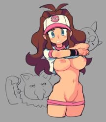 areolae belly belly_button big_breasts blue_eyes blush breasts brown_hair exposed_breasts grey_background hat hilda_(pokemon) hypno hypnosis hypnotized large_breasts long_hair looking_at_viewer nervous nipples panties panties_around_legs pink_panties pokemon pokemon_(species) ponytail shirt shirt_lift shirt_up sketch slammo stripping undressing white_shirt worried worried_expression