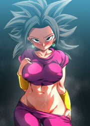 1girls base_form_kefla big_breasts black_eyes black_hair blush breasts dragon_ball dragon_ball_super eye_contact female female_only huge_breasts kefla large_breasts looking_at_viewer medium_hair nipple_bulge rom saiyan shounen_jump smile solo solo_female standing sweat thick_thighs thighs