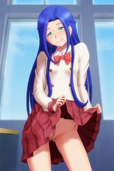 blue_hair bonnie_(rsg) bow bowtie censored classroom closed_mouth clothes_lift collared_shirt cowboy_shot female female_pubic_hair green_eyes hair_intakes head_tilt imai_kotoko indoors lifted_by_self long_hair long_sleeves mewkledreamy miniskirt mole mole_under_eye mosaic_censoring no_panties pleated_skirt pubic_hair pussy red_bow red_neckwear red_skirt shiny shiny_hair shirt skirt skirt_lift smile solo standing very_long_hair white_shirt wing_collar