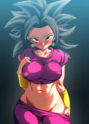 1girls base_form_kefla big_breasts black_eyes black_hair blush breasts dragon_ball dragon_ball_super eye_contact female female_only huge_breasts kefla large_breasts looking_at_viewer medium_hair nipple_bulge rom saiyan shounen_jump smile solo solo_female standing thick_thighs thighs