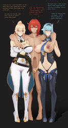 1boy 2girls absurdres areolae arm_around_shoulder bangs bare_shoulders barefoot between_breasts black_background black_gloves black_headband blonde_hair blue_eyes blue_hair blue_legwear blue_nails blue_neckwear boots breast_grab breasts breasts_out censored clothing_cutout detached_collar detached_sleeves diluc_(genshin_impact) english_text erection eula_(genshin_impact) female front_view full_body genshin_impact gloves grabbing grabbing_from_behind grin hairband headband heart high_heel_boots high_heels high_ponytail highleg highleg_leotard highres holding_own_arm imminent_penetration jean_gunnhildr large_breasts large_penis leotard looking_at_viewer male medium_hair mosaic_censoring multiple_girls nail_polish navel navel_cutout necktie necktie_between_breasts nipples nude orange_eyes orange_hair pants penis ponytail pussy_cutout pussy_juice sidelocks smile speech_bubble standing straight testicles text thigh_boots thighhighs thighs tight tight_pants tm_yuebing white_pants