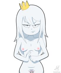 1girls areolae bubjones crown cum_on_object female female_only grumpy long_hair looking_at_viewer medium_breasts nude_female pubes signature solo tabbes vagina white_hair white_skin youtuber