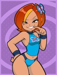 1girls avidagrem2 bare_shoulders butterfly_(planetronika) cleavage cleavage_cutout clothed clothed_female clothing crop_top female female_only hair_ornament hairclip halterneck human looking_at_viewer navel nonsexual orange_hair pale_skin planetronika smile smiling_at_viewer solo thighs
