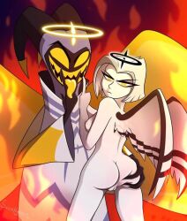 adam_(hazbin_hotel) clothed_male_nude_female cmnf guitarspear lute_(hazbin_hotel) naked_female this_ass_is_mine