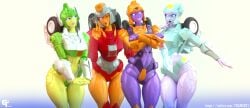 3d 3d_(artwork) 4girls blue_eyes crossed_arms female firestar glowing_eyes green_panties green_skin greenlight helmet lancer_(transformers) moonracer multiple_girls orange_skin panties peace_sign pink_lipstick purple_skin red_lipstick red_panties robot robot_girl robot_humanoid thighs transformers trawert white_skin wink