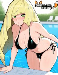 1futa 2025 ai_generated artist_name bikini black_bikini blonde_hair blurry blush breasts bust chest collarbone day foxenpai futanari green_eyes hi_res high_quality high_resolution highres long_hair lusamine_(pokemon) patreon patreon_username pokemon pool poolside side-tie_bikini solo stable_diffusion swimsuit water watermark wet