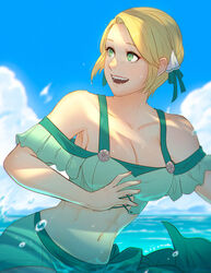 1girls alternate_costume bikini blonde_hair breasts cleavage fangs female fire_emblem fire_emblem:_three_houses fire_emblem_heroes green_bikini green_eyes green_swimsuit highres ingrid_brandl_galatea ingrid_brandl_galatea_(summer) koyorin large_breasts looking_to_the_side navel nintendo off-shoulder_bikini off_shoulder official_alternate_costume open_mouth post-timeskip short_hair solo swimsuit