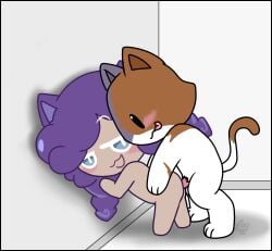 against_wall blue_eyes calico_cat cookie cookie_run cookie_run_witch's_castle female kit_(fortnite) leaning male muffinlewds penis penis_in_ass purple_hair sex witchberry_cookie