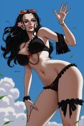 armpit_peek artist_name bare_shoulders bikini black_bikini black_hair blue_eyes blue_sky blush bow bow_bra bow_panties bra bracelet breasts cloud collarbone contrapposto day eyewear_on_head falling_leaves female fingernails floating_hair flower frilled_bikini frilled_thigh_strap frilled_wristband frills groin hair_flower hair_ornament hand_on_own_thigh highres jewelry large_breasts leaf long_fingernails long_hair looking_afar nail_polish narrow_waist navel nico_robin one_piece orange-tinted_eyewear outdoors panties parted_lips pink_nails prixmal red_bow sky solo stomach sunglasses sunlight swimsuit thigh_strap thighs tinted_eyewear underwear waving wavy_hair white-framed_eyewear wide_hips wind wristband