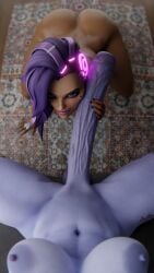 3d 3d_(artwork) big_breasts big_penis erect_penis erection foreskin futanari huge_cock hyper_penis on_knees overwatch overwatch_2 purple_body purple_skin sombra sourcemaker uncircumcised uncut uncut_futa uncut_penis widowmaker