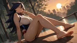 ai_generated bare_shoulders barefoot belt black_hair blue_eyes boku_no_hero_academia bracelet breasts building bush cloud cloudy_sky dusk erosaga feet female full_moon hair_between_eyes jewelry large_breasts long_hair looking_at_viewer midnight_(my_hero_academia) moon my_hero_academia night orange_sky outdoors palm_tree sitting sky sleeveless smile soles_female solo sun sunset toes tree wet