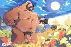 absurd_res anthro balls barazoku bear beard belly bodily_fluids brown_bear brown_body brown_fur bulge burly clothing detailed_background facial_hair flaccid flashlight food foreskin fruit fur genital_fluids genitals hat hat_only headgear headgear_only headwear headwear_only hi_res holding_flashlight holding_object humanoid_genitalia humanoid_penis light male mammal moon moonlight mostly_nude moustache musclegut muscular night nipples outdoor_nudity outside overweight overweight_anthro overweight_male pecs penis pink_baseball_cap plant precum pubes pumpkin pumpkin_patch saggy_balls scruffy_(scruffybeast) sky solo standing stocky super-tuler ursine