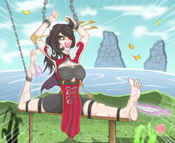 beidou_(genshin_impact) black_hair bondage bondage chains feathers feet female foot_fetish genshin_impact humiliation laugh red_eyes screaming soles tickle tickle_torture tickling tickling_feet