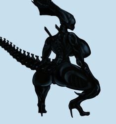absurd_res alien alien_(franchise) anthro big_breasts black_body black_skin breasts clothing featureless_breasts female feral footwear genitals gynomorph hi_res high_heels humanoid intersex lips monagarmr shoes solo spine tail thick_lips thick_thighs vulva xenomorph xenomorph_queen