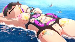 absurdres alternate_breast_size areola bikini breasts callie_(splatoon) female genitals giantess group highres humanoid ink inkling large_breasts macro marina_(splatoon) micro micro_on_macro nintendo nipples octarian octoling party pseudo_hair pussy randomartist10 relaxing shaded size_difference splatoon swimming swimwear tentacle tentacle_hair water yuri