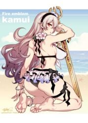 alternate_costume anklet ass barefoot beach bikini black_bikini_bottom corrin_(fire_emblem) corrin_(fire_emblem)_(female) corrin_(summer)_(fire_emblem)_(female) dragon_girl feet fire_emblem fire_emblem_fates fire_emblem_heroes fishine flower flowers headband long_hair looking_back manakete nintendo ocean pointy_ears red_eyes sand skirt slit_pupils swimsuit sword water wavy_hair weapon white_bikini white_swimsuit yato_(fire_emblem)