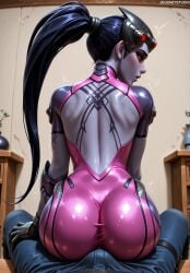 1boy ^^^ ai_generated arm_tattoo ass back back_cutout back_tattoo backless_outfit blizzard_entertainment blue_pants blush bodysuit breasts bulge buttjob clothing clothing_cutout colored_skin cowgirl_position erection erection_under_clothes female from_behind gloves hair_pulled_back head-mounted_display indoors jousneystudio lips long_hair looking_at_viewer looking_back makeup nose open_mouth overwatch overwatch_2 pants pink_bodysuit ponytail purple_hair purple_lips purple_skin shiny_clothes short_sleeves shoulder_blades sitting sitting_on_lap sitting_on_person skin_tight solo_focus sombra straddling straight tattoo trembling widowmaker widowmaker_(overwatch) yellow_eyes