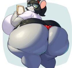 anthro ass big_breasts big_butt black_hair bottomwear breasts clothing curvy_figure eyewear female feral fur glasses grey_body grey_fur grey_skin hair hair_accessory hi_res huge_ass huge_breasts huge_butt humanoid lightmizano mammal miniskirt panties ponytail ribbons rodent shaded short_stack signature skirt solo stevest58244496 teeth underwear voluptuous voluptuous_female