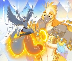 accipitrid accipitriform anthro avian balls balls_expansion balls_growth big_balls big_breasts big_penis bird bodily_fluids bottomwear breasts clothing cloud deity detailed_background eagle expansion female flapping_wings frantic genital_expansion genital_fluids genital_growth genitals gold_(metal) gold_jewelry growth hi_res huge_balls huge_breasts huge_cock hyper hyper_balls hyper_genitalia hyper_penis jewelry juxtapex loincloth magic male motion_blur mountain muscular muscular_female owl panicked_look panicking penis penis_expansion penis_growth precum size_difference sky skyscape smile smirk snow sweat sweatdrop