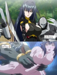 1boy 1girls 1monster annerose_vajra before_and_after big_breasts black_hair breasts censored censored_penis clothing cum cum_in_pussy defeat_sex defeated defeated_heroine female green_skin instant_loss instant_loss_2koma koutetsu_no_majo_anneroze large_breasts long_hair male_monster open_eyes orc orc_male screenshot sword tororo_(koutetsu_no_majo_annerose) yellow_eyes