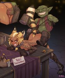 1boy alcohol ass beer boots breasts d-rex dark-skinned_female dark_skin female goblin highres interspecies leash navel nipples original penis planted planted_sword pointy_ears pussy rape sex short_hair straight sword table teeth uncensored vaginal_penetration weapon