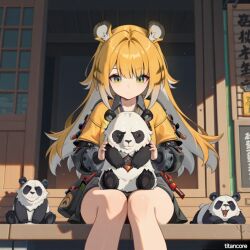 (titancore) ai_generated animal_humanoid animals cute_girl female green_eyes happy ju_fufu monster_girl panda sitting_down small_breasts tiger_ears tiger_girl tiger_stripes tiger_tail video_game_character zenless_zone_zero
