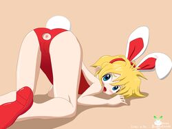 all_fours animal_ears anus anus_cutout artist_request ass blonde_hair blue_eyes blush cleft_of_venus dated fake_animal_ears female high_heels keio_flying_squadron leotard onion_bunny_cakes playboy_bunny rabbit_ears rabbit_tail rami_nana-hikari red_footwear red_leotard sega self_upload solo tail top-down_bottom-up watermark