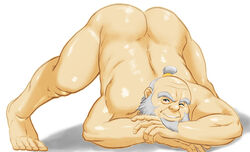 1boy 2021 artist_name ass avatar_the_last_airbender beard color digital_media_(artwork) face_down_ass_up grey_hair hair human iroh jack-o_pose jackochallenge kurisumoto1 male male_only mature_male naked nickelodeon nude old_man plain_background solo solo_male uncensored url wink