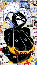 androjuniarto big_breasts black_body bomb bomb_gal_(androjuniarto) bomb_head fuse large_breasts smile spilling_out tummy unfinished white_eyes white_hair wplace yellow_shirt