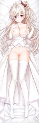 ahoge akizuki_kanna bed_sheet blush bow breasts cafe_stella_to_shinigami_no_chou censored closed_mouth clothes_lift clothes_pull commentary_request dakimakura_(medium) dress dress_lift dress_pull elbow_gloves female full_body gloves got0_naisho hair_between_eyes hairbow hand_on_own_chest highres large_breasts long_hair looking_at_viewer lying mosaic_censoring on_back on_bed purple_eyes pussy red_bow smile solo thighhighs very_long_hair wedding_dress white_gloves white_thighhighs