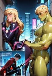 ai_generated big_biceps big_pecs billy_kaplan blonde_hair bodysuit cheating_boyfriend cum_dripping cum_inside from_behind gay_male gay_to_straight gay_with_woman green_skin huge_balls huge_cock hulkling marvel muscular_male netorare ntr orgasm outdoors standing superhero sweat teddy_altman veiny_penis wiccan