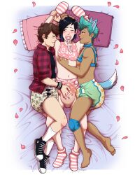 3boys ahbagels androgynous blue_hair blush collar cuddling diaper erection erection_in_diaper harness mitten_hands pacifier wet_diaper