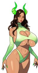 1girls boob_window breasts brown_hair cleavage djbluck elbow_gloves female female_only fingerless_elbow_gloves green_clothing green_eyes green_fingernails green_horns green_lingerie green_theme heart_boob_window horns huge_breasts long_hair sideboob underboob white_background wide_hips