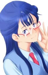 adjusting_eyewear bangs blue_eyes blue_hair blue_shirt blue_vest bonnie_(rsg) closed_mouth clothing collared_shirt cum cum_on_eyewear cum_on_hair facial female glasses hugtto!_precure l'avenir_academy_uniform long_hair long_sleeves looking_at_viewer necktie precure pretty_cure red-framed_eyewear red_neckwear shiny shiny_hair shirt simple_background smile solo upper_body vest white_background wing_collar yakushiji_saaya