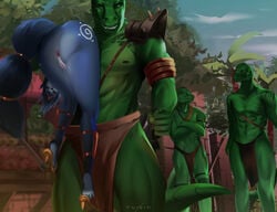 anthro anus ass ass_visible_while_carried blue_body blue_fur bottomwear canid canine carrying carrying_over_shoulder clothing detailed_background female fox fur fursin genitals green_body green_scales group high_heels imminent_rape krystal lizard loincloth looking_back male male/female mammal mostly_nude muscular muscular_anthro muscular_male nintendo nipples outside pussy reptile scales scalie sharpclaw shoulder_carry star_fox video_games