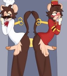 anthro ass bad_anatomy banana banana_in_ass bellhop blush canelitabunny chef chef_hat chef_monkeys chef_uniform dark_deception dark_deception:_chapter_1 erection furry gay monkey murder_monkey object_in_ass tongue tongue_out