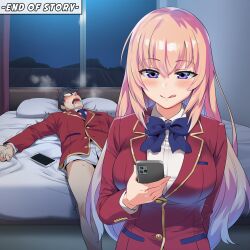 1boy absurd_res absurdres ai_generated blonde_hair blush classroom_of_the_elite color commentary darklust dialogue english english_commentary english_dialogue english_text female hi_res high_resolution highres horikita_manabu human ichinose_honami_(cote) large_breasts long_hair motion_blur motion_lines night novelai prostitution school_uniform self_upload speech_bubble speed_lines sweat tagme text uncensored youkoso_jitsuryoku_shijou_shugi_no_kyoushitsu_e