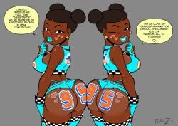afro_puffs ass big_ass big_breasts big_butt booty_shorts bottom_heavy breasts brown_hair bubble_ass bubble_butt cars_(film) choker crop_top dark-skinned_female dark_skin dialogue dialogue_bubble disney ear_piercings earrings english_text fat_ass fat_butt female females females_only fingerless_gloves hair_buns huge_breasts human human_version large_ass large_breasts large_butt lipstick looking_at_viewer looking_back mia_(cars) pixar planz34 shorts speech_bubble speech_bubbles sticker_on_face stickers thick_thighs thong tia_(cars) top_heavy twins wide_hips writing_on_ass writing_on_butt