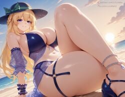 ai_generated anklet beach big_ass big_breasts bikini blonde_hair blue_eyes breasts choujigen_game_neptune hat hat_ribbon large_breasts legs loratta neptunia_(series) ocean sitting sunset swimwear tagme thick_thighs thighs vert
