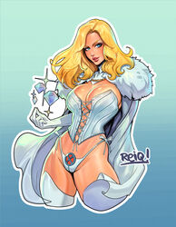 blonde blonde_female blonde_hair blue_eyes cape cleavage emma_frost lips long_hair looking_at_viewer marvel marvel_comics polka_dot_background reiq revealing_clothes shiny shiny_skin skimpy_outfit solo solo_female superheroine supervillainess white_cape x-men