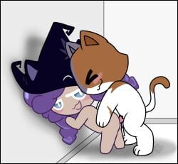 against_wall blue_eyes calico_cat cookie cookie_run cookie_run_witch's_castle female kit_(fortnite) leaning male muffinlewds penis penis_in_ass purple_hair sex witch_hat witchberry_cookie
