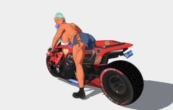 1girls 2023 ass big_ass biker_girl blowing_bubblegum blue_hair breasts bubble_gum denim_shorts djbluck female female_only huge_breasts jean_shorts l.u.c.k_(artist) light_blue_hair mint_hair motorcycle muscular_thighs no_visible_genitalia red_motorcycle shorts sideboob thick_thighs