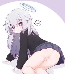 ... ? anus ass closed_mouth female grey_hair hair_between_eyes halo highres kurotofu long_hair long_sleeves looking_at_viewer original pleated_skirt pussy skirt sleeves_past_wrists solo two-tone_background white_background