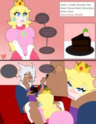 2koma azure_(cafe_risque) blonde_hair blue_eyes blush cafe_risque cake_slice dark-skinned_male imminent_oral light-skinned_female monarch_breaker princess_peach purple_eyes royalty silver_hair