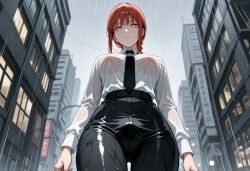 1futa ai_generated big_breasts black_tie breasts chainsaw_man dickgirl from_below futanari huge_breasts light-skinned_female light-skinned_futa light-skinned_futanari light_skin light_skinned long_hair looking_at_viewer makima_(chainsaw_man) nipples outdoor_nudity outdoors pants penis_visible_through_clothing penis_visible_through_pants red_hair ringed_eyes shirt shyvia solo standing tie transparent_clothing visible_through_clothes yellow_eyes