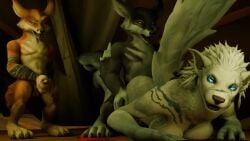 ambiguous_penetration anthro bigger_female black_body blizzard_entertainment blue_eyes claws death_knight death_knight_(warcraft) furry glowing_eyes implied_gangbang jerking knot knotted_penis knotting male/female male_penetrating orange_fur paws smaller_male straight straight_sex stripes_(marking) tagme tent two_boys video vulpera warcraft warcraft_3 white_fur white_hair worgen world_of_warcraft yellow_eyes