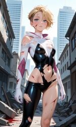 ai_generated battle_damage bleeding blonde_hair blood_on_face blue_eyes gwen_stacy gwen_stacy_(spider-verse) legs marvel navel rubble spider-gwen spider-man:_across_the_spider-verse spider-man:_into_the_spider-verse torn_bodysuit torn_clothes undercut